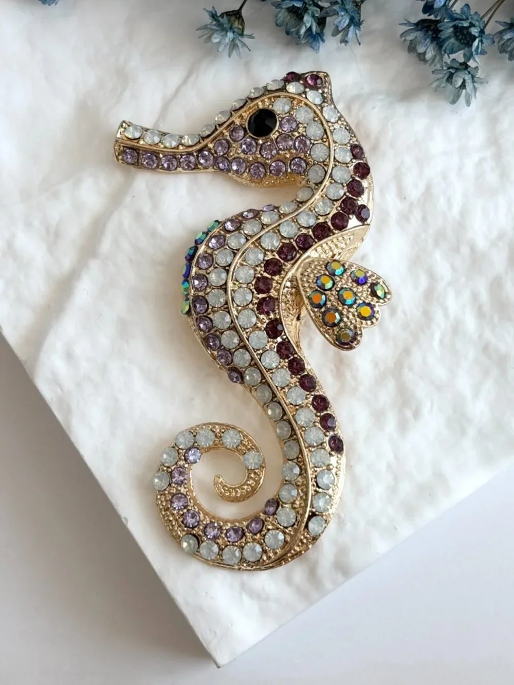 Seahorse Rainbow Rhinestone Gold Toned Jumbo Vintage Inspired Brooch Pin
